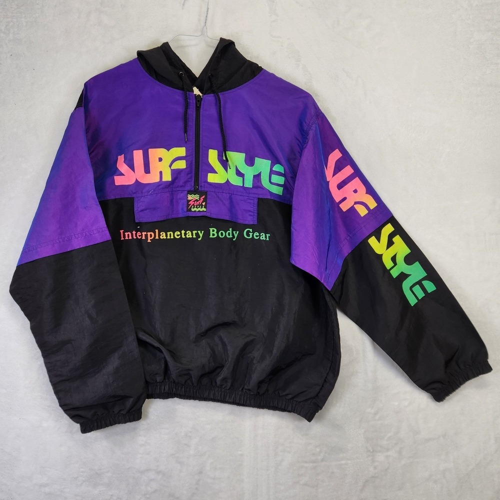 Vintage Surf Style Neon Windbreaker Jacket‎ One Size 90s Colorblock Hooded Zip